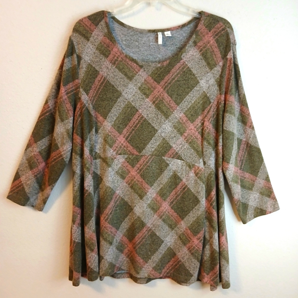 Plaid Women's Top in Green and Pink Size XL Preppy Light Acedemia